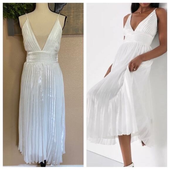 NWOT Lulus Romantic Aesthetic Shiny White Pleated Midi Dress - Picture 1 of 7